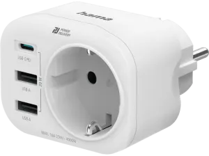 Adaptador de corriente - Hama 00223342, 4 entradas, 1 USB - C, 2 USB -A, 1 Contacto conexión a tierra, 20 W, Blanco