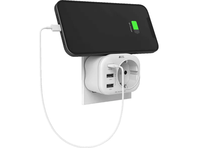 Adaptador de corriente - Hama 00223342, 4 entradas, 1 USB - C, 2 USB -A, 1 Contacto conexión a tierra, 20 W, Blanco