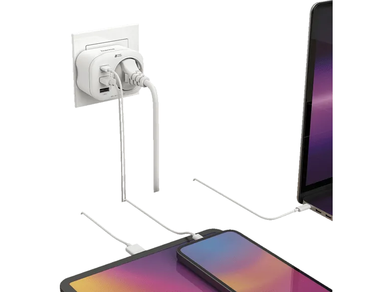 Adaptador de corriente - Hama 00223342, 4 entradas, 1 USB - C, 2 USB -A, 1 Contacto conexión a tierra, 20 W, Blanco