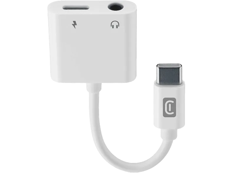 Adaptador USB-C - CellularLine Sound Charge, Conexión simultánea, Puerto de 3.5 mm, Cable 10 cm, Blanco