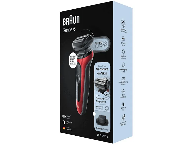Afeitadora - Braun Series 6 61-R1200S, 3 Cuchillas, Tecnología AutoSense, EasyClick, Wet & Dry, Senso Flex, Rojo