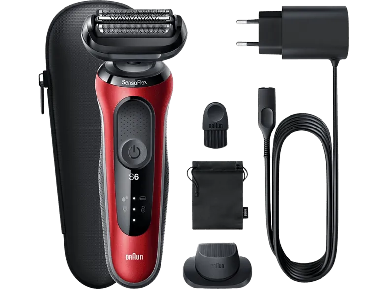 Afeitadora - Braun Series 6 61-R1200S, 3 Cuchillas, Tecnología AutoSense, EasyClick, Wet & Dry, Senso Flex, Rojo