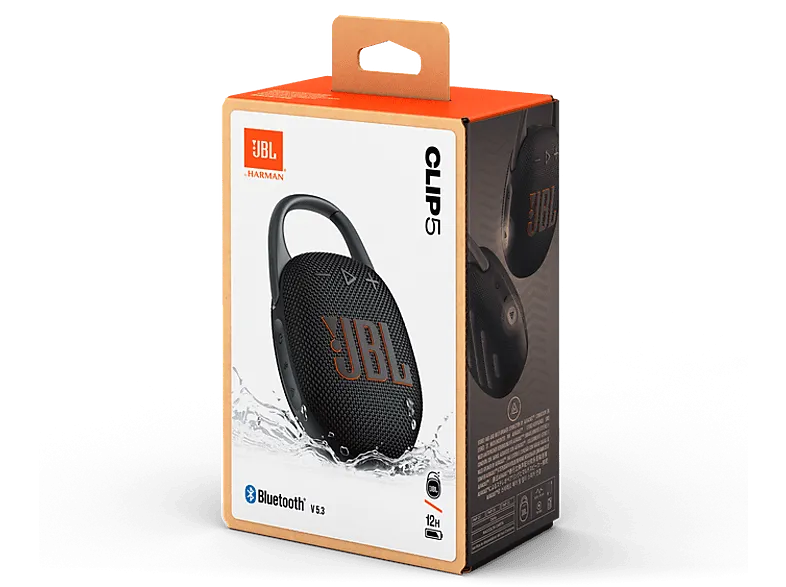 Altavoz inalámbrico - JBL Clip 5, 7 W, Bluetooth, 12 h Autonomía, Resistente al Agua, Wireless, Black