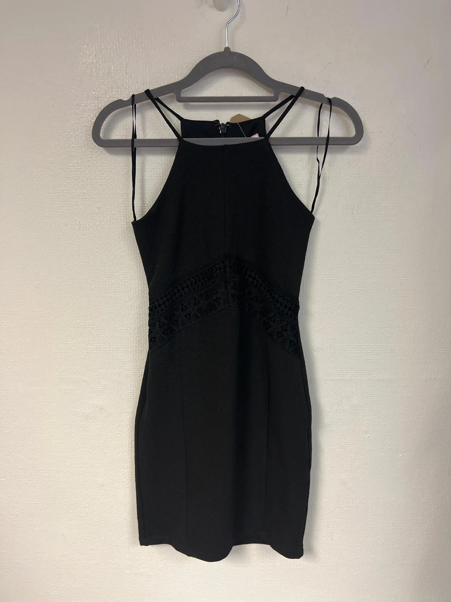 Black halter neck embroidered mini dress, Miss Selfridge, Size 6 (Elastane, Polyester)