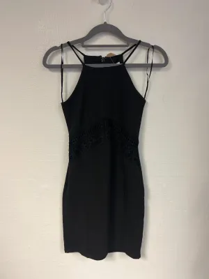 Black halter neck embroidered mini dress, Miss Selfridge, Size 6 (Elastane, Polyester)
