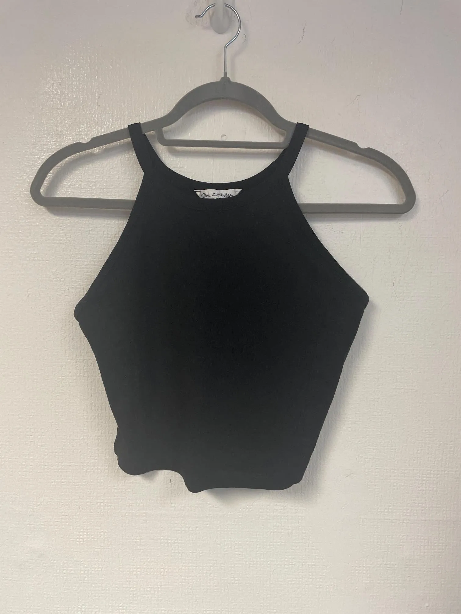 Black racer crop top, Miss Selfridge, Size 10 (Elastane, Cotton)