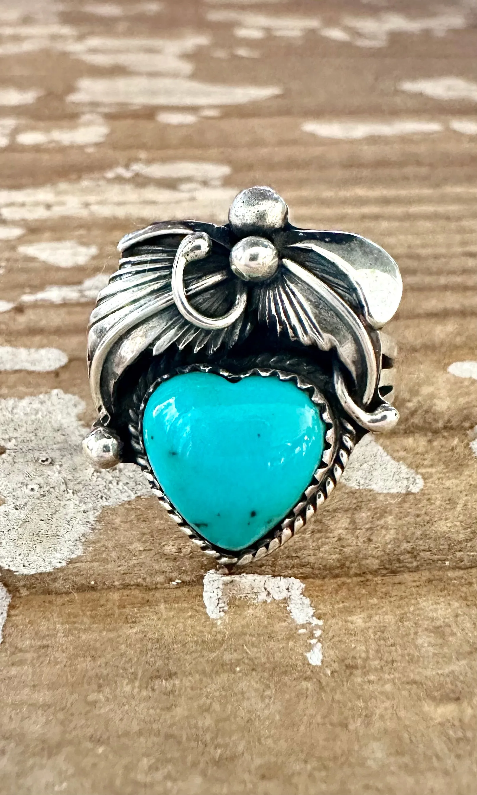 BLUE CORAZON J. Piaso Jr Sterling Silver & Turquoise Flower Heart Ring  Size 7 1/4