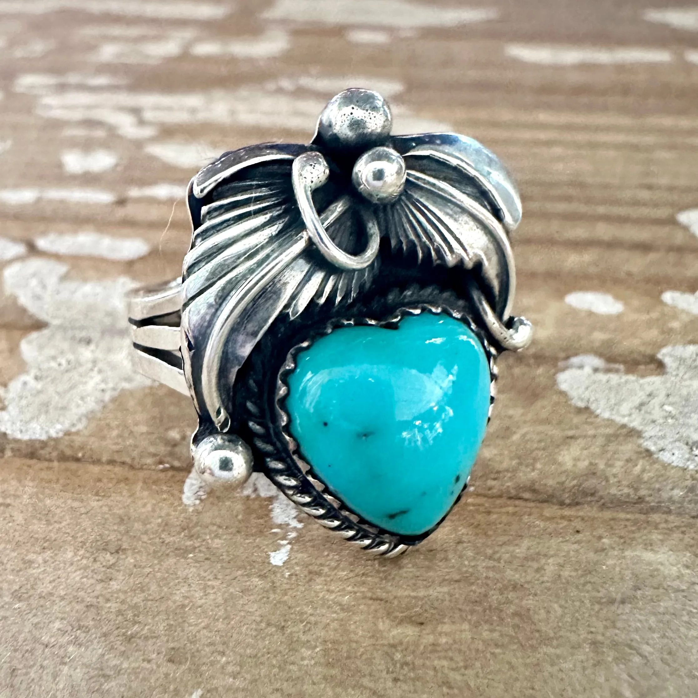 BLUE CORAZON J. Piaso Jr Sterling Silver & Turquoise Flower Heart Ring  Size 7 1/4