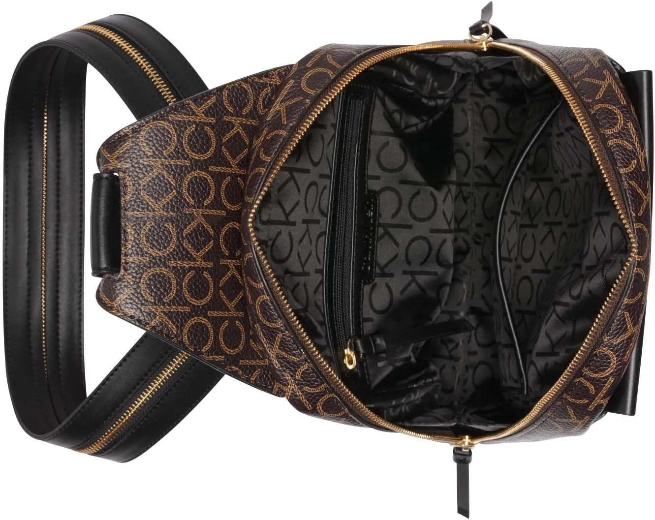 Calvin Klein Women's Millie Backpack for Women  Vegan Leather Monogram Backpack, 2 Pockets, Brown/Khaki/Black, One Size