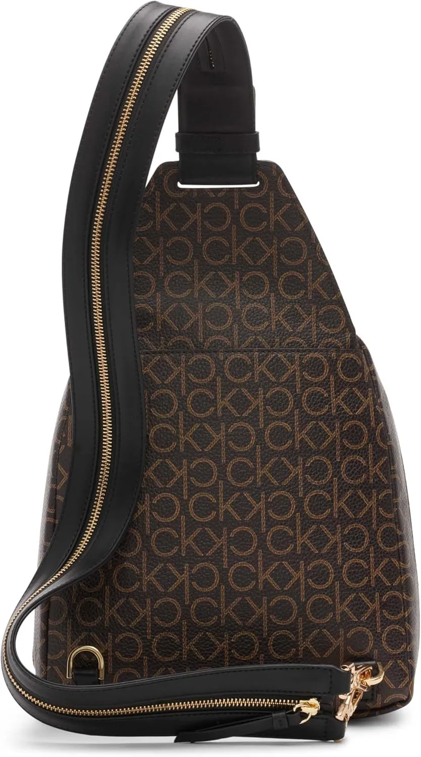Calvin Klein Women's Millie Backpack for Women  Vegan Leather Monogram Backpack, 2 Pockets, Brown/Khaki/Black, One Size