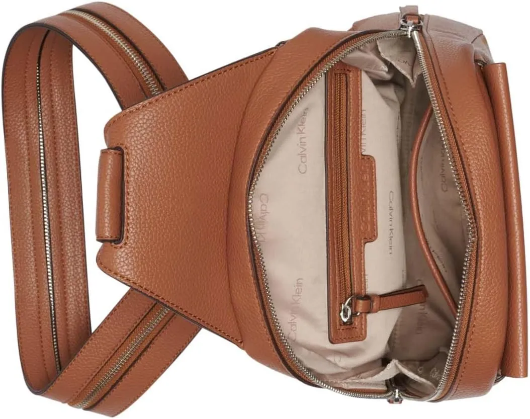Calvin Klein Women's Myra Backpack for Women  Vegan Leather Convertible Sling Backpack, 2 Pockets, Caramel, One Size