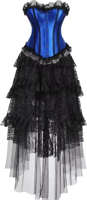 Corset Dress with Long Skirt Lace 2 PCS Women Plus Size Vintage Costume Renissance Halloween