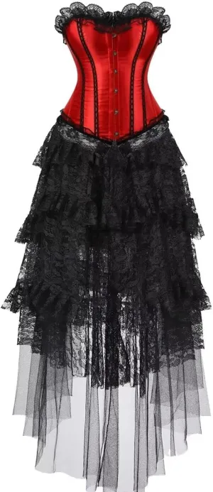 Corset Dress with Long Skirt Lace 2 PCS Women Plus Size Vintage Costume Renissance Halloween