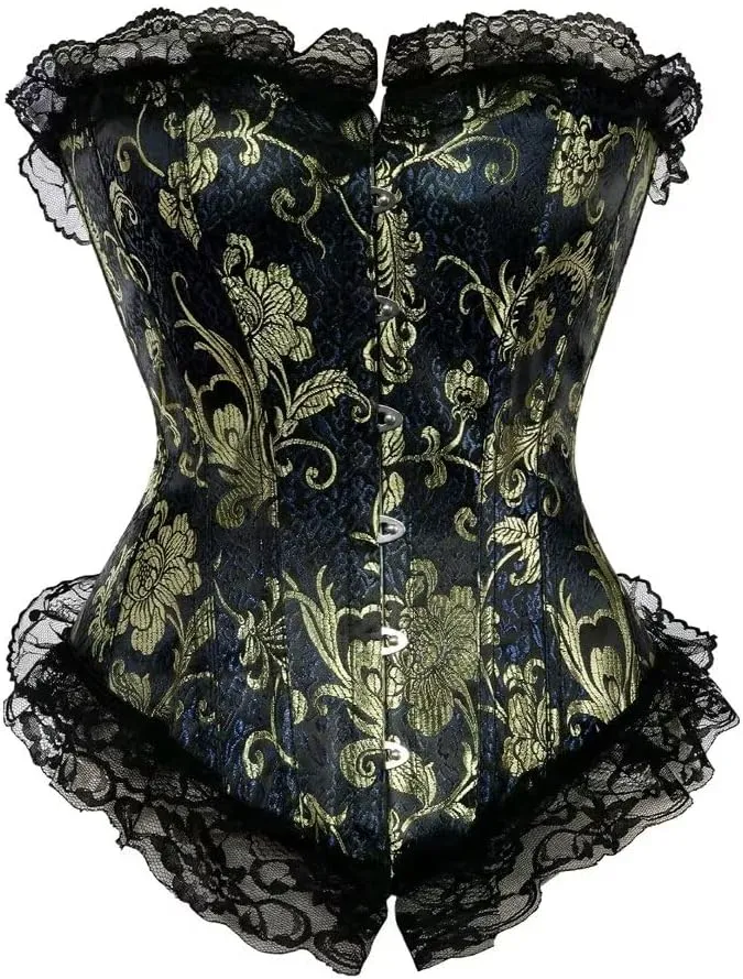 Corsets for Women Overbust Lingerie Satin Floral Lace up Trim Bustier Plus Size Top