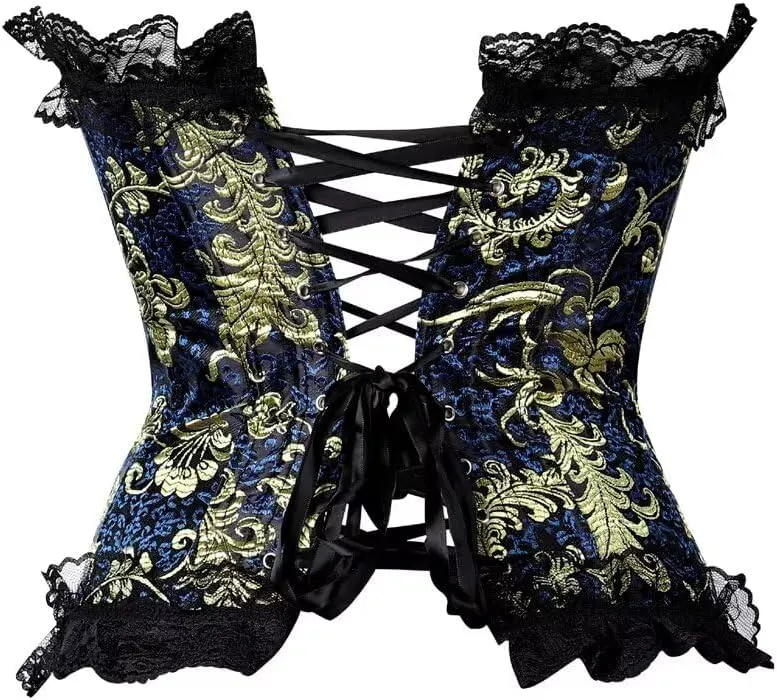 Corsets for Women Overbust Lingerie Satin Floral Lace up Trim Bustier Plus Size Top