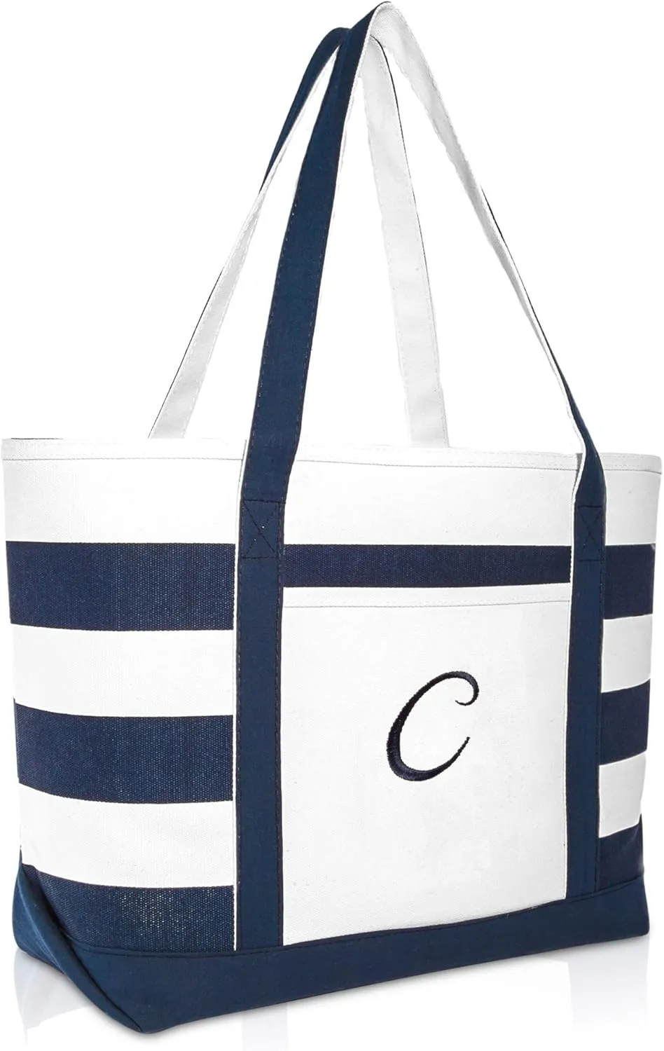 DALIX Premium Beach Bags Striped Navy Blue Zippered Tote Bag Monogrammed A - Z