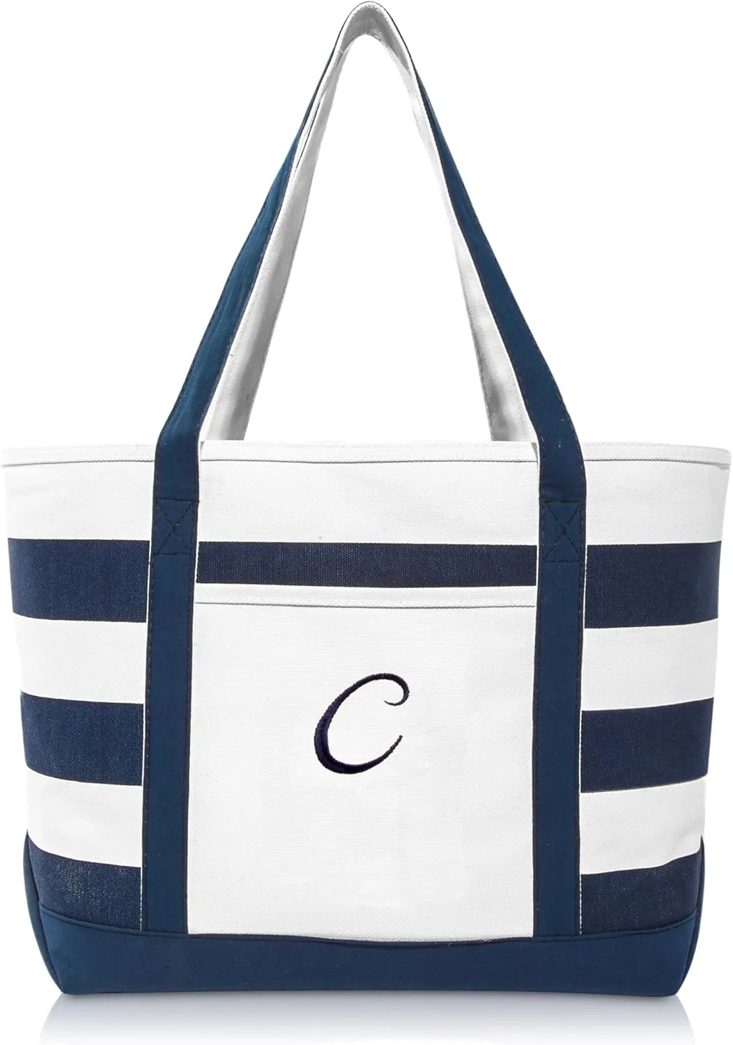 DALIX Premium Beach Bags Striped Navy Blue Zippered Tote Bag Monogrammed A - Z