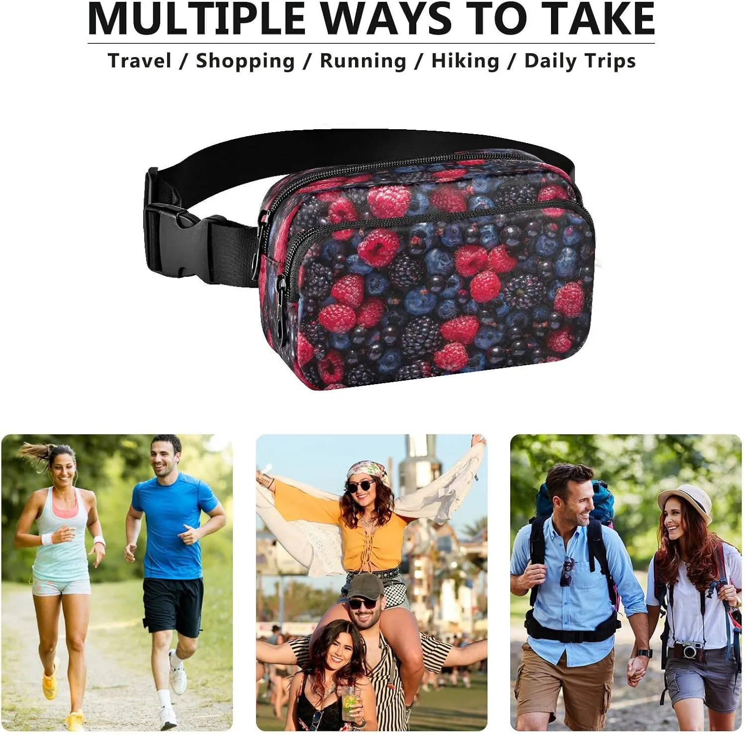 Fanny Packs for Women Men Assorted Fresh Berries Belt Bag Waterproof Fashion Waist Pack with Adjustable Strap Food Background Waist Bag Hip Bumbags for Running Workout Travel Hiking Cycling