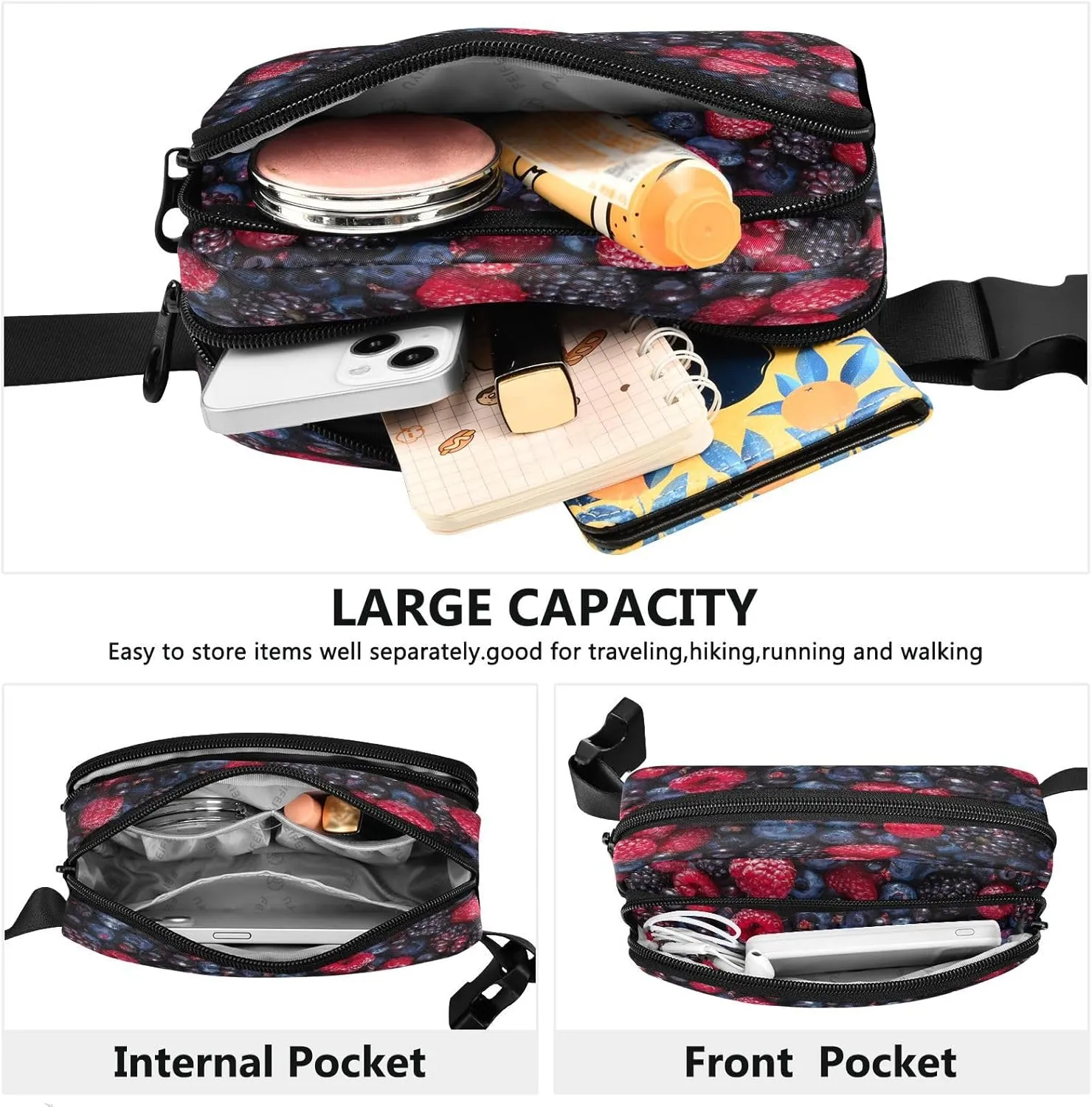 Fanny Packs for Women Men Assorted Fresh Berries Belt Bag Waterproof Fashion Waist Pack with Adjustable Strap Food Background Waist Bag Hip Bumbags for Running Workout Travel Hiking Cycling