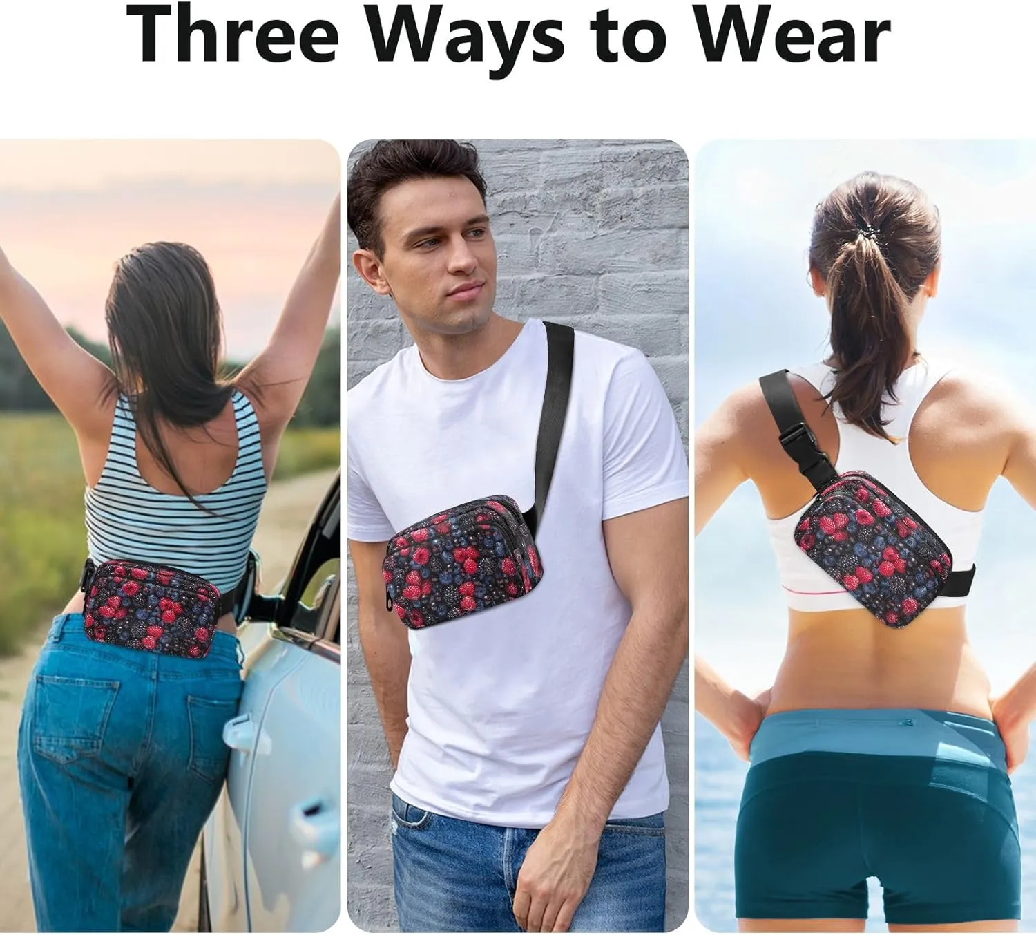 Fanny Packs for Women Men Assorted Fresh Berries Belt Bag Waterproof Fashion Waist Pack with Adjustable Strap Food Background Waist Bag Hip Bumbags for Running Workout Travel Hiking Cycling