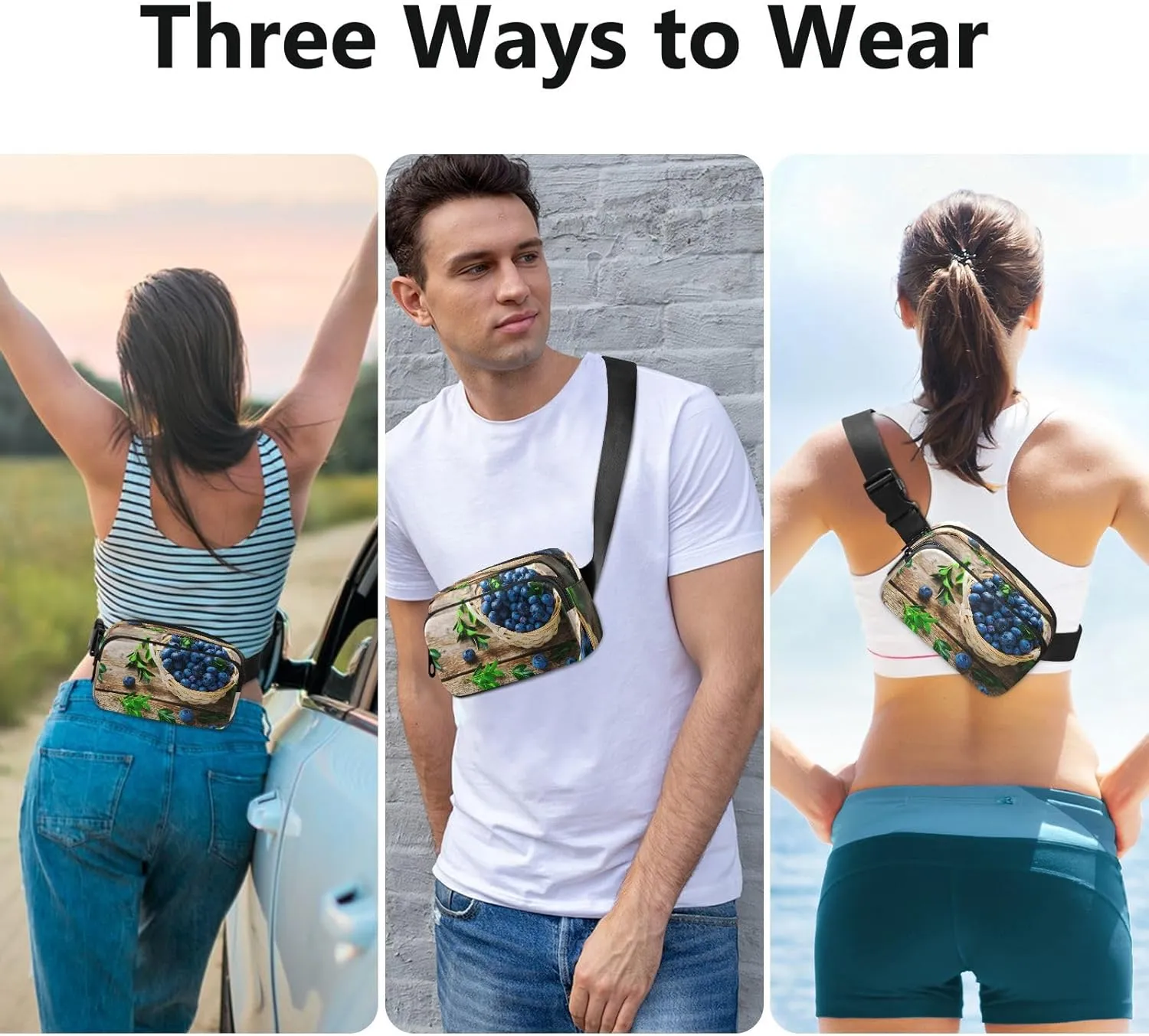 Fanny Packs for Women Men Fresh Blueberry Basket Belt Bag Waterproof Fashion Waist Pack with Adjustable Strap Waist Bag Hip Bumbags for Running Workout Travel Hiking Cycling