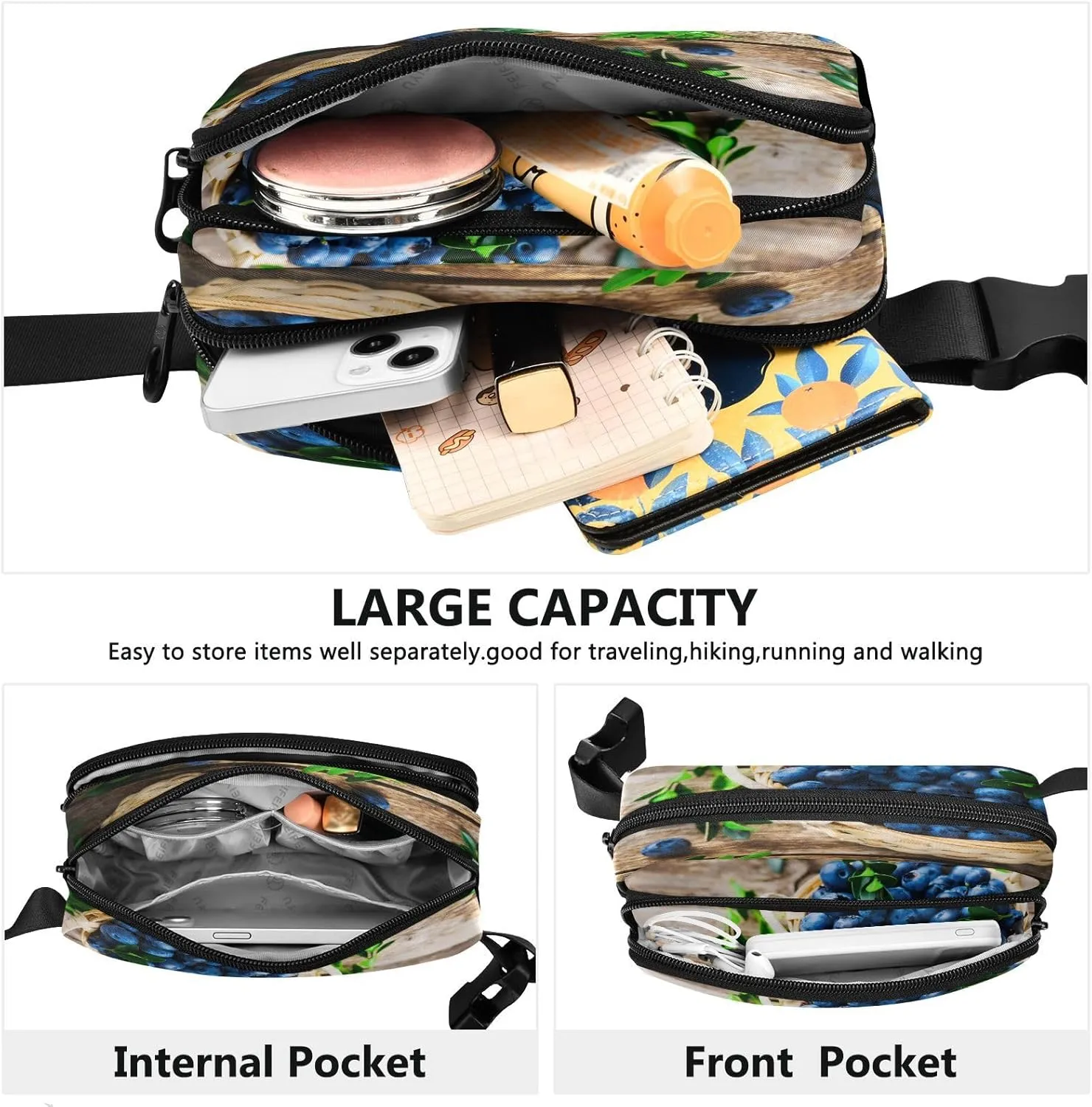 Fanny Packs for Women Men Fresh Blueberry Basket Belt Bag Waterproof Fashion Waist Pack with Adjustable Strap Waist Bag Hip Bumbags for Running Workout Travel Hiking Cycling