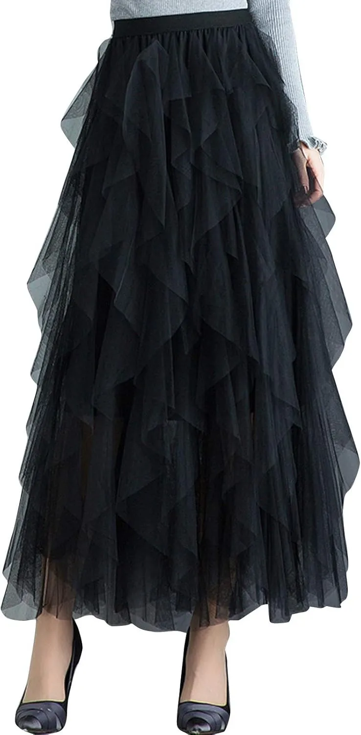 Flygo Women's Elastic Waist Tulle Ruffle Prom Party Layered Tiered Irregular Mesh Maxi Long Skirt