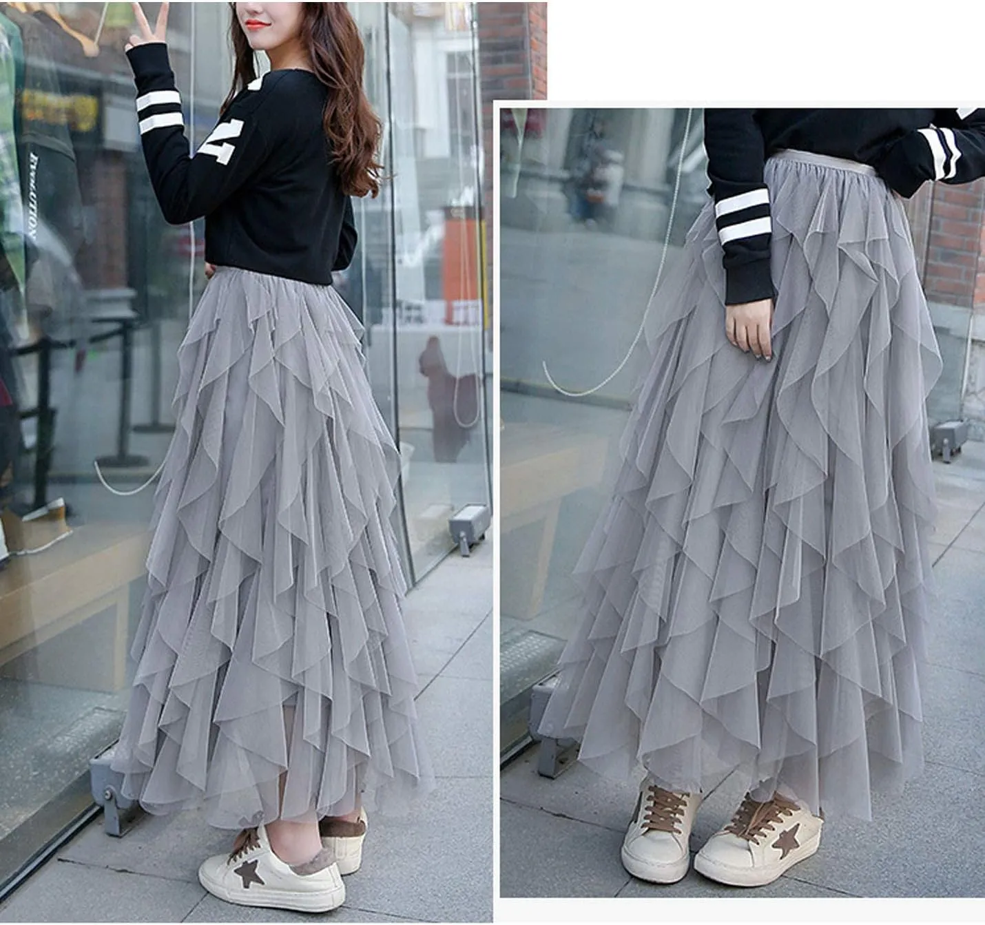 Flygo Women's Elastic Waist Tulle Ruffle Prom Party Layered Tiered Irregular Mesh Maxi Long Skirt