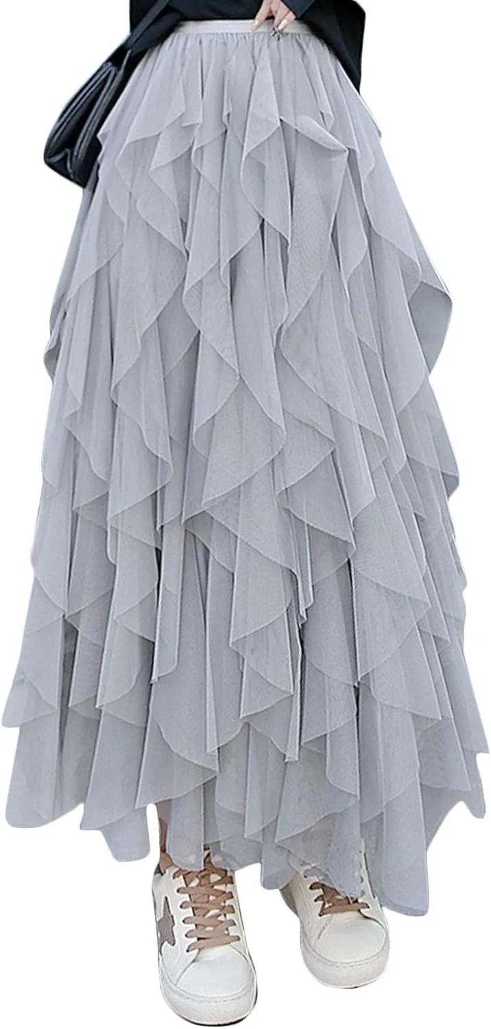 Flygo Women's Elastic Waist Tulle Ruffle Prom Party Layered Tiered Irregular Mesh Maxi Long Skirt