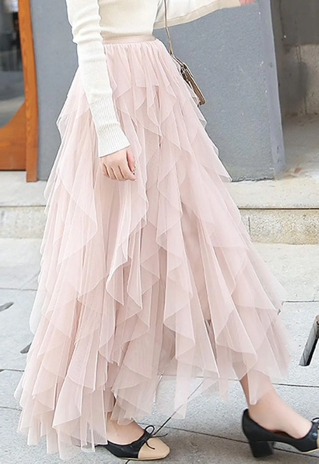 Flygo Women's Elastic Waist Tulle Ruffle Prom Party Layered Tiered Irregular Mesh Maxi Long Skirt