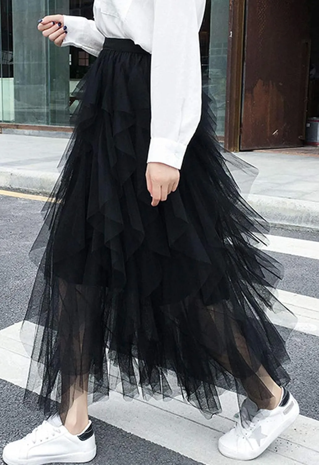 Flygo Women's Elastic Waist Tulle Ruffle Prom Party Layered Tiered Irregular Mesh Maxi Long Skirt