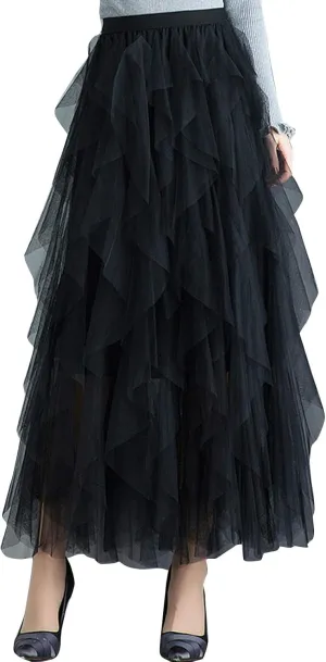 Flygo Women's Elastic Waist Tulle Ruffle Prom Party Layered Tiered Irregular Mesh Maxi Long Skirt
