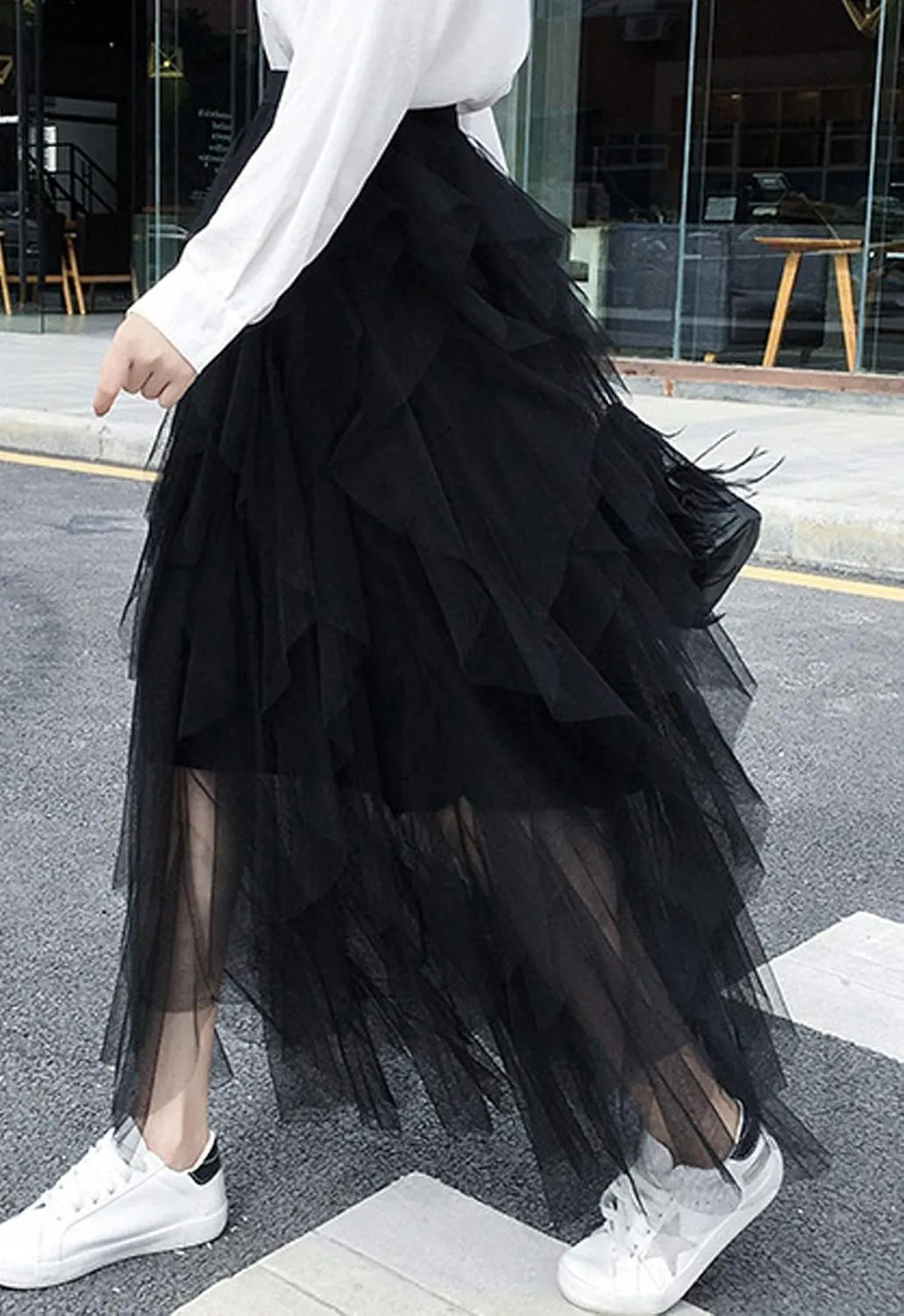 Flygo Women's Elastic Waist Tulle Ruffle Prom Party Layered Tiered Irregular Mesh Maxi Long Skirt