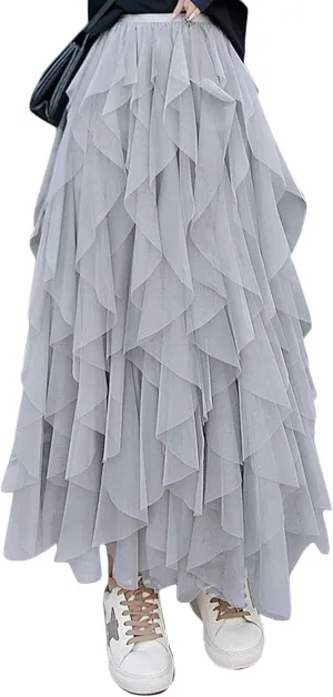 Flygo Women's Elastic Waist Tulle Ruffle Prom Party Layered Tiered Irregular Mesh Maxi Long Skirt