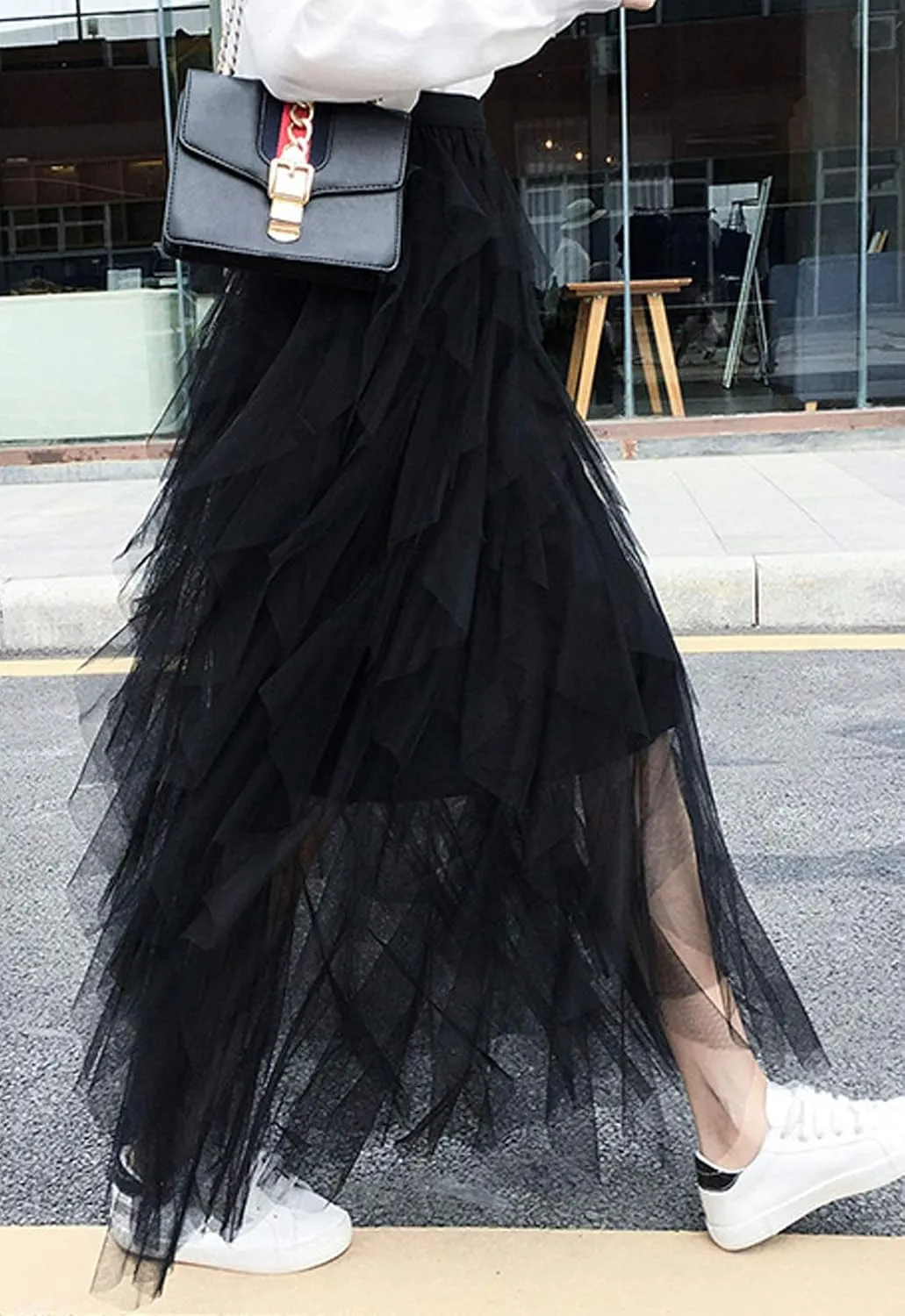 Flygo Women's Elastic Waist Tulle Ruffle Prom Party Layered Tiered Irregular Mesh Maxi Long Skirt