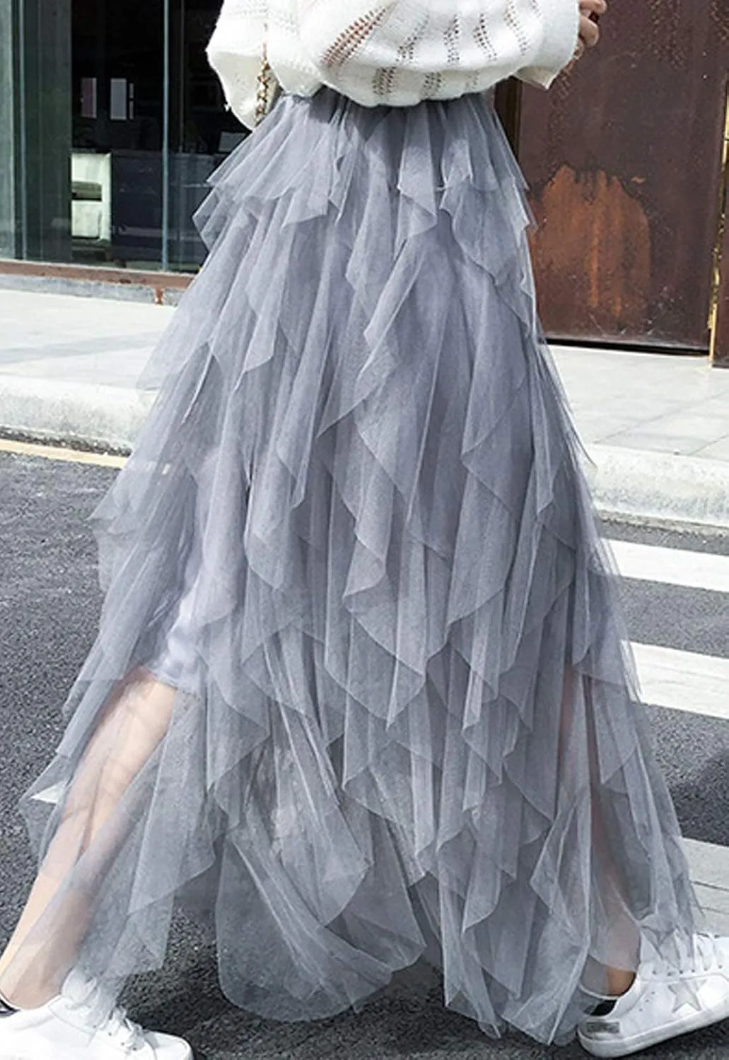 Flygo Women's Elastic Waist Tulle Ruffle Prom Party Layered Tiered Irregular Mesh Maxi Long Skirt