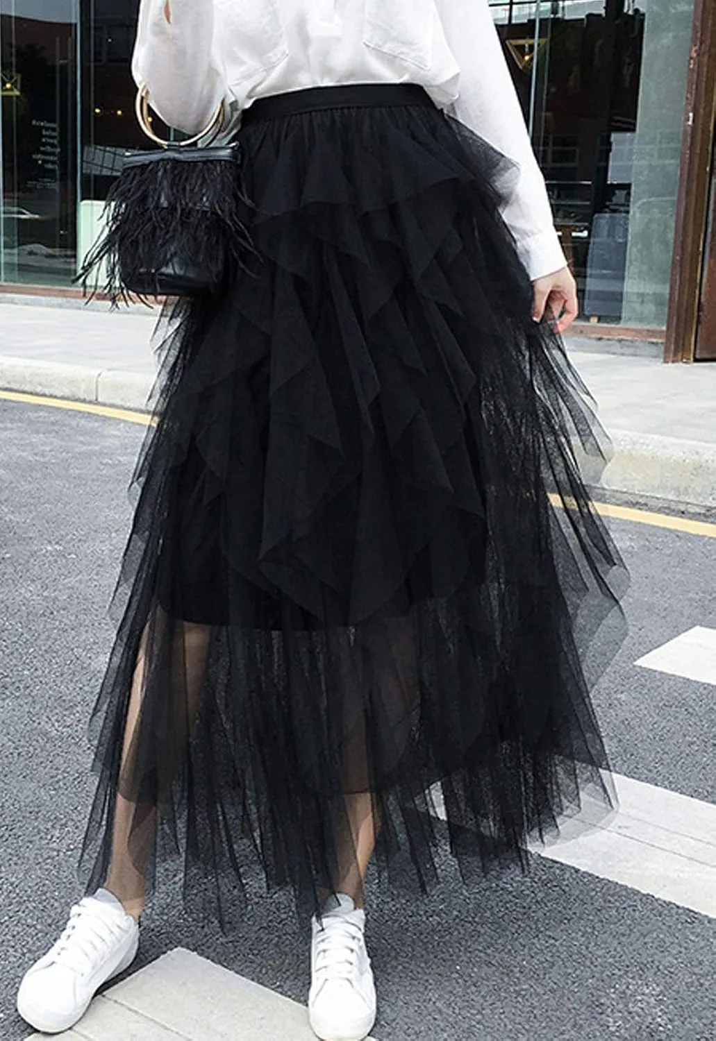 Flygo Women's Elastic Waist Tulle Ruffle Prom Party Layered Tiered Irregular Mesh Maxi Long Skirt