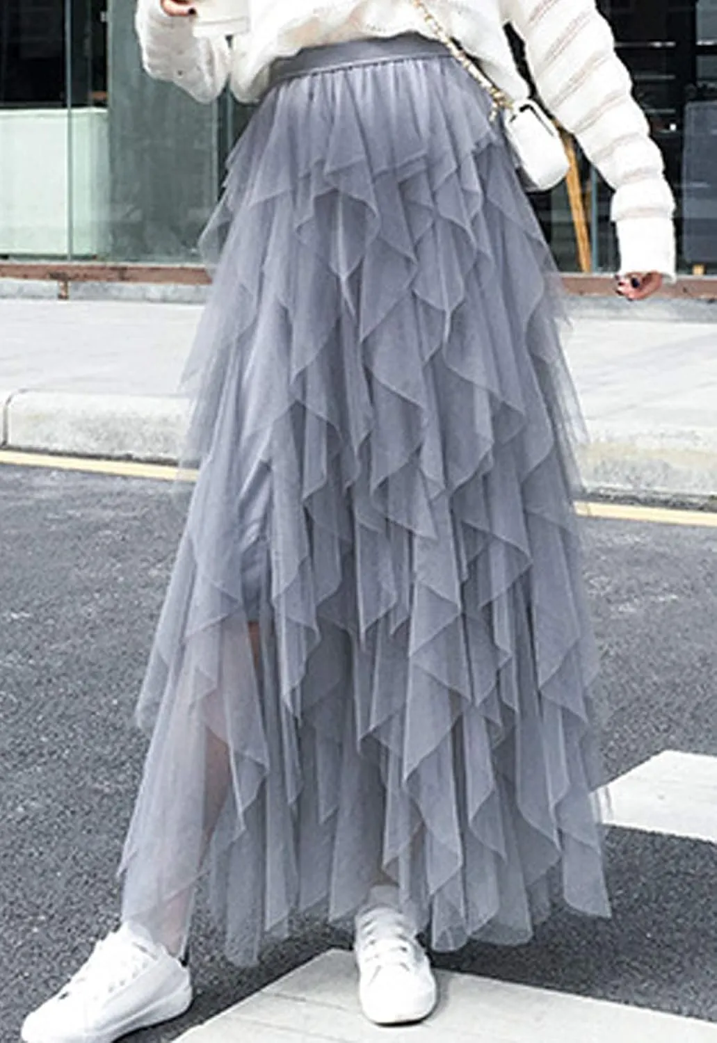 Flygo Women's Elastic Waist Tulle Ruffle Prom Party Layered Tiered Irregular Mesh Maxi Long Skirt