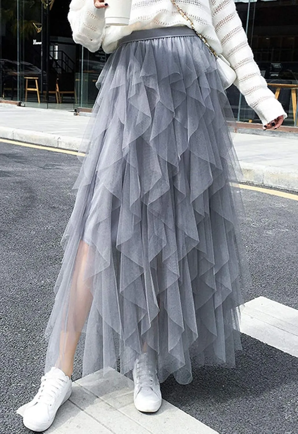 Flygo Women's Elastic Waist Tulle Ruffle Prom Party Layered Tiered Irregular Mesh Maxi Long Skirt