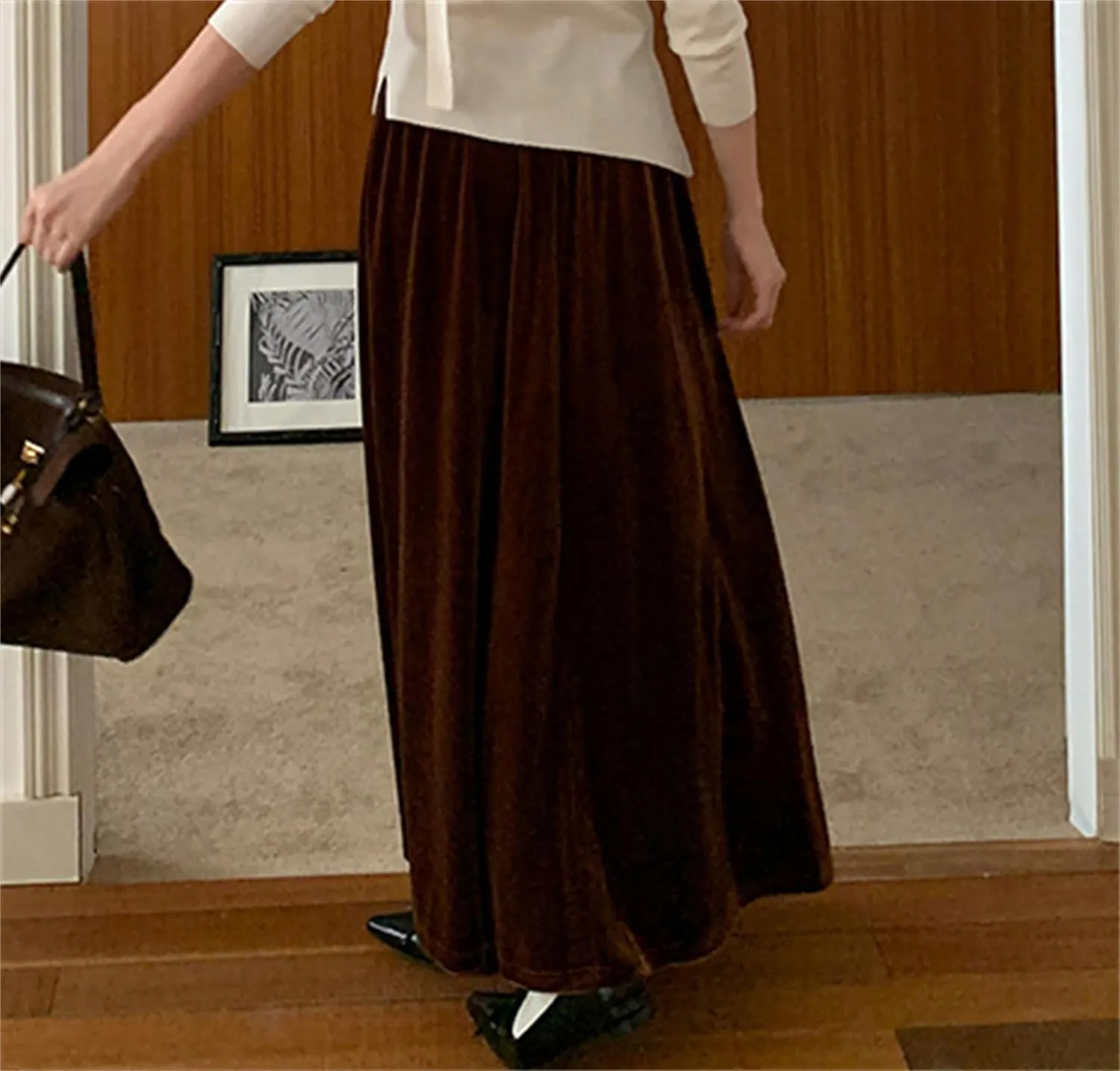 Joe Wenko Womens Elastic High Waist Long Maxi Velvet Skirt