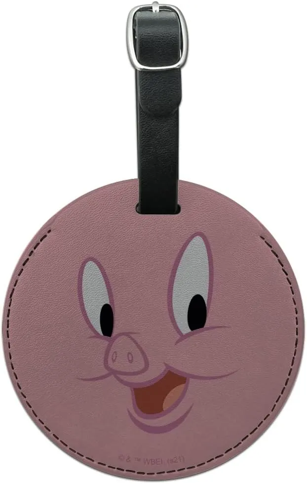 Looney Tunes Porky Face Round Leather Luggage Card Suitcase Carry-On ID Tag