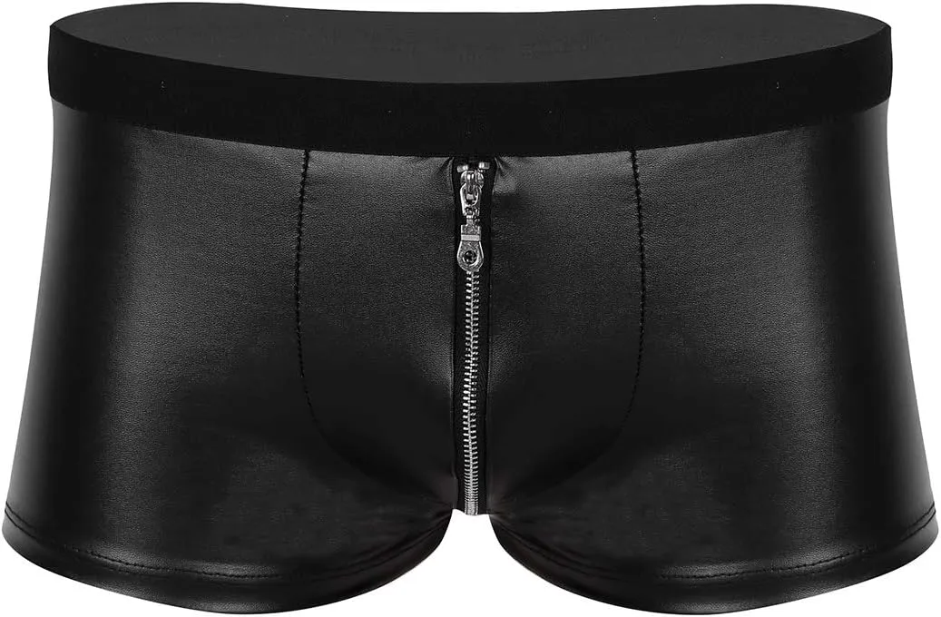 Mens Wet Look Faux Leather Shorts Zipper Bulge Pouch Low Rise Boxer Briefs Clubwear