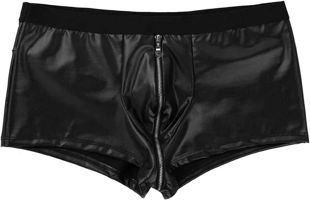 Mens Wet Look Faux Leather Shorts Zipper Bulge Pouch Low Rise Boxer Briefs Clubwear