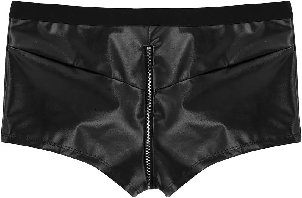 Mens Wet Look Faux Leather Shorts Zipper Bulge Pouch Low Rise Boxer Briefs Clubwear