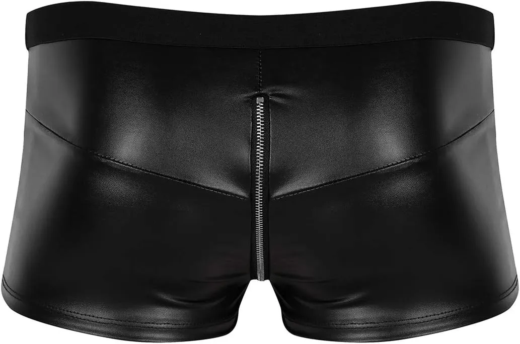 Mens Wet Look Faux Leather Shorts Zipper Bulge Pouch Low Rise Boxer Briefs Clubwear