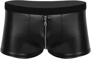 Mens Wet Look Faux Leather Shorts Zipper Bulge Pouch Low Rise Boxer Briefs Clubwear