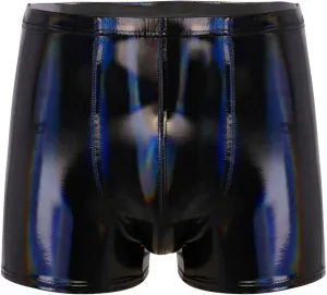 Mens Wet Look Patent Leather Shorts Bulge Pouch Boxer Brief Low Waist Shiny Clubwear