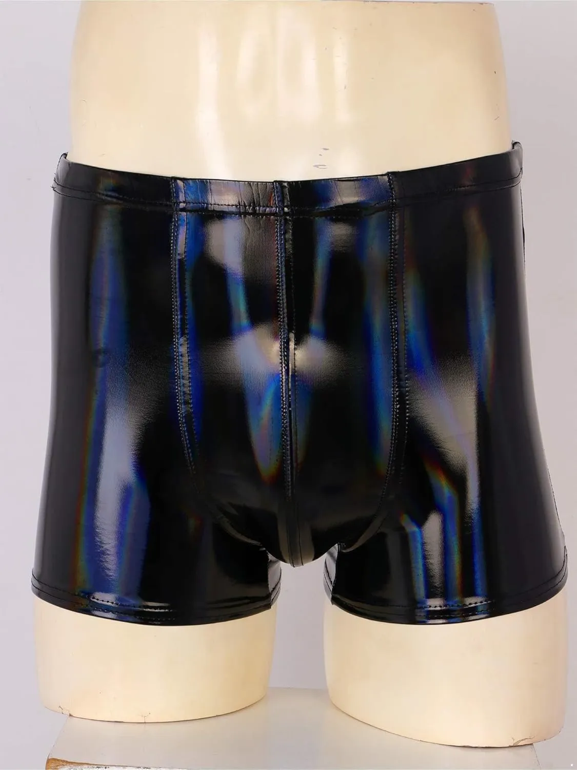 Mens Wet Look Patent Leather Shorts Bulge Pouch Boxer Brief Low Waist Shiny Clubwear