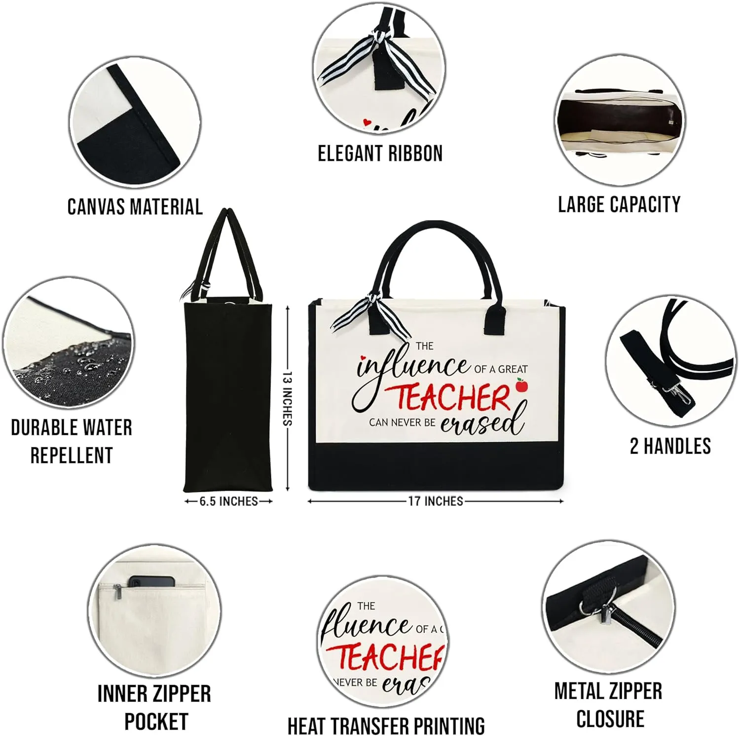 OASSIE Teacher Appreciation Gifts - Canvas Tote Bag 13oz With Zipper - Teacher's Day Birthday Thank You Gifts for Teachers
