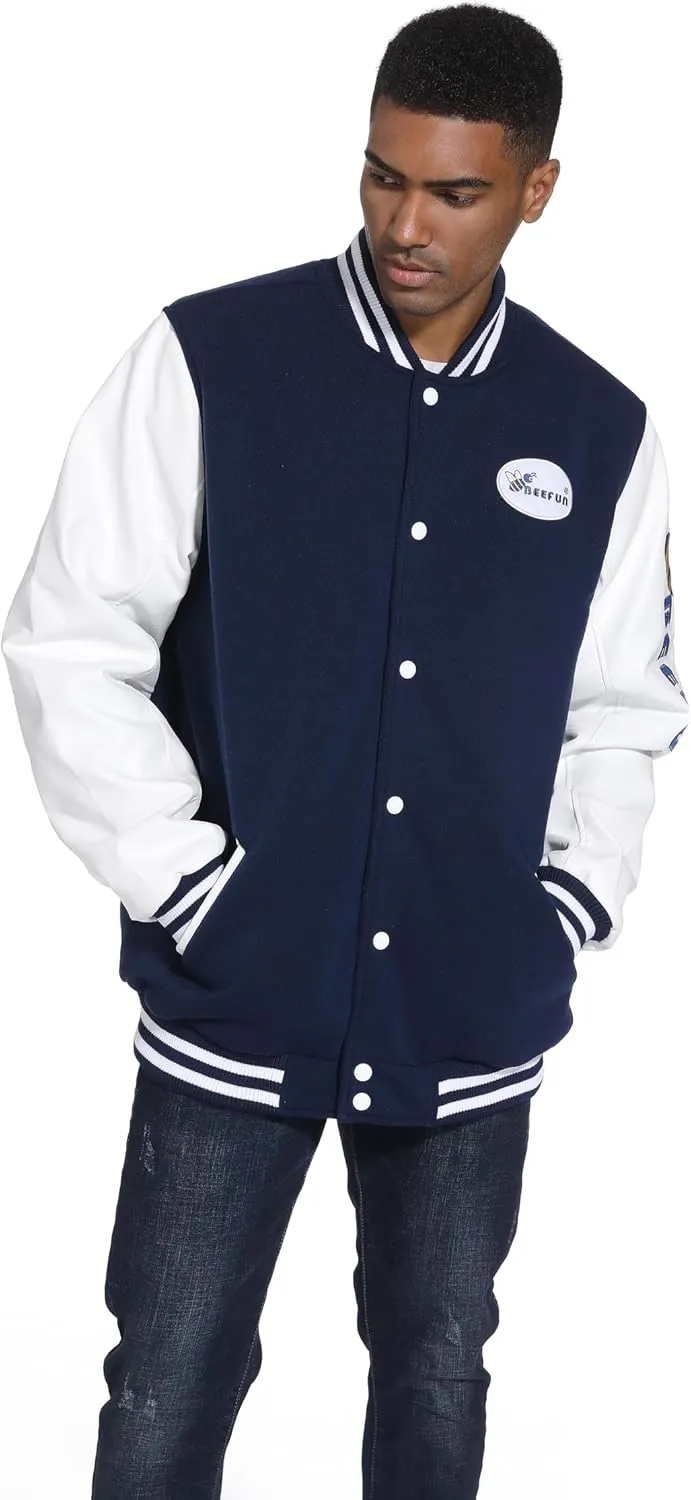 Outfitters Men's Varsity Hooded Reversible Fleece Jacket with Faux Leather Sleeve